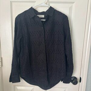 Everlane The Linen Eyelet Relaxed Long Sleeve Button Down Shirt in Black Sz 2